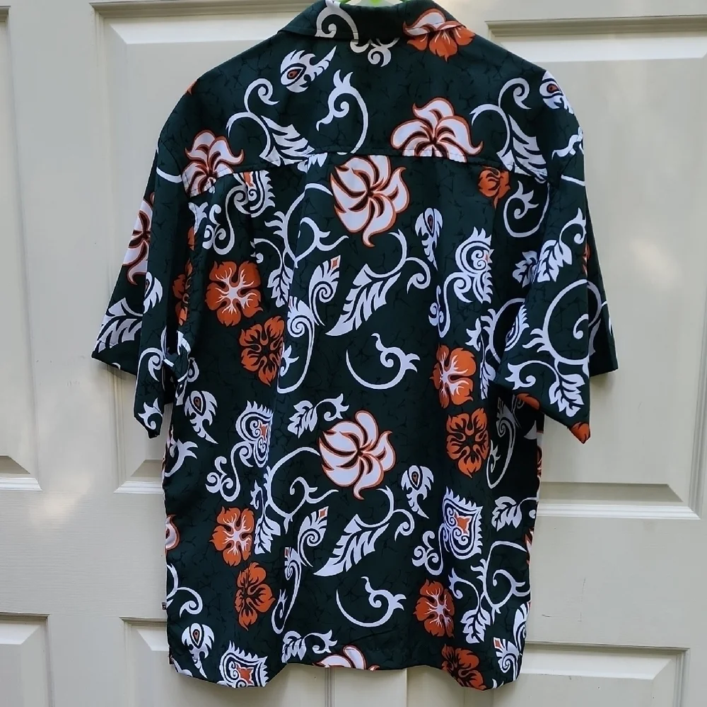 OP Large Green Orange Casual Button Down Shirt Floral Design Hawaiian Y2K